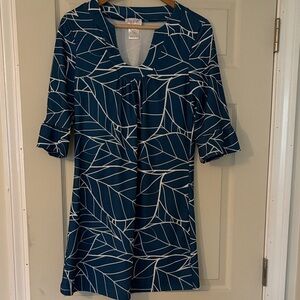 Leaf Print Midi Dress in Blue and White